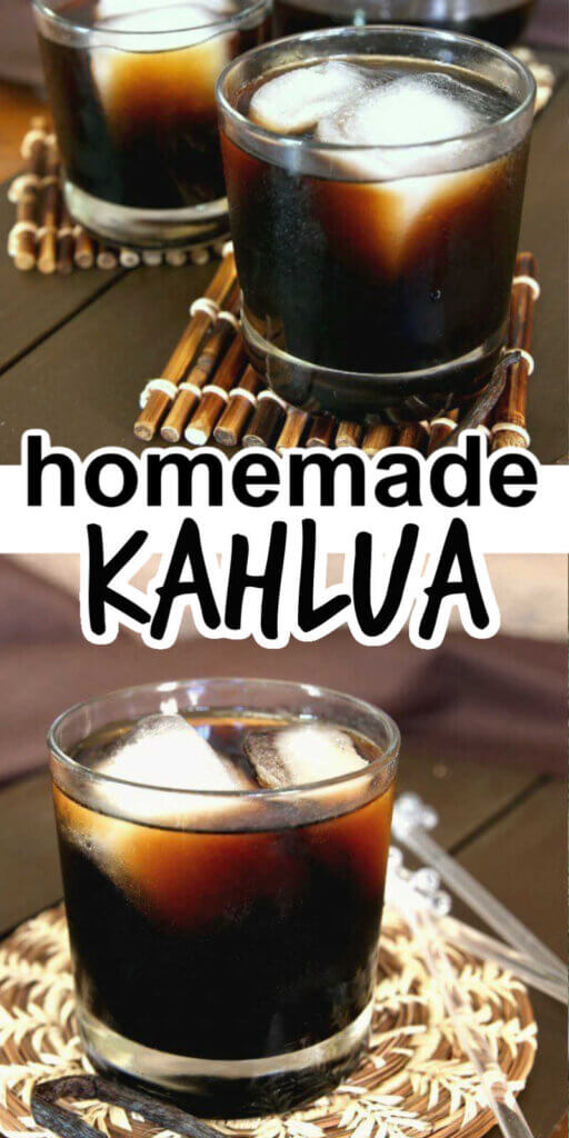 Two photos one above the other showing kahlua in an ice filled tumbler.