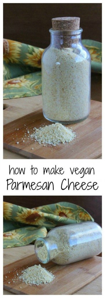 Vegan Parmesan Cheese is featured in two photos one above the other. The cheese is in a corked glass jar with one photo showing the jar on it's side with a pile of parmesan spilled on a cutting board.