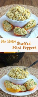 No Bake Stuffed Mini Peppers have orange, yellow and red half peppers and they are stuffed full of chickpea mash and sprinkles with fresh herbs.