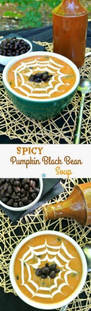 Spicy Pumpkin Black Bean Soup is in a green bowl and has a cream spider web drawn in the top. There are two photos one above the other with one having an overhead shot. Black beans are dotted in the center. Great Halloween visual.