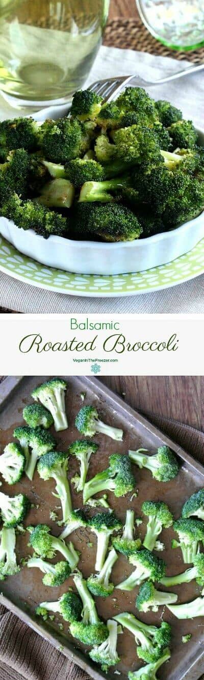 Healthy Balsamic Roasted Broccoli is piled high in a white scalloped serving dish and that is sitting on a green and white printed plate. There is another photo below that of the broccoli spread on a baking sheet ready to be roasted.
