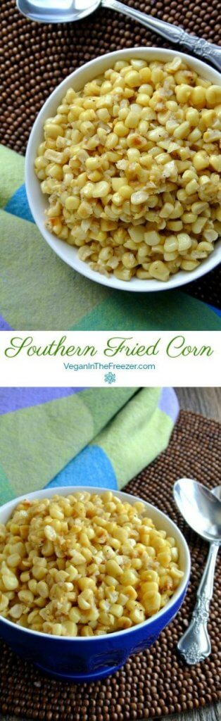Fried Corn is photographed in two photos, one above the other. Golden yellow corn is piled high in a cobalt blue bowl and all are on a brown wooden and beaded round mat.