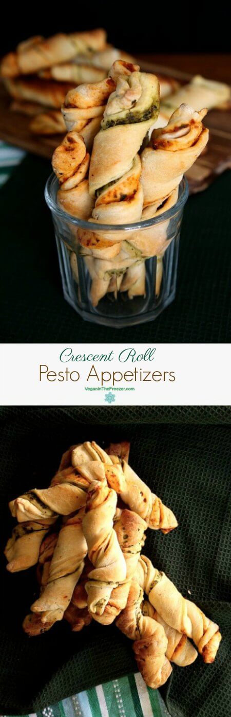 Healthy Crescent Roll Pesto Appetizers are laying every which way on a forest green cloth with twists in each roll showing red or green pesto. There is also another photo above with the pesto twists standing on end in a wide mouth clear short drinking glass.