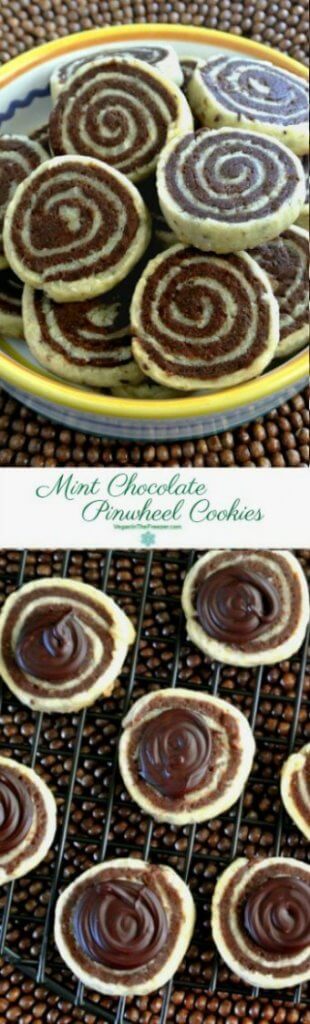 Mint Chocolate Pinwheel Cookies are an overhead photo as the cookies are resting on a black cooking rack. Swirls of chocolate have been added to the top middle tops for a more festive look. Another photo is above of a close-up of the brown and white swirl cookies. Piled high.