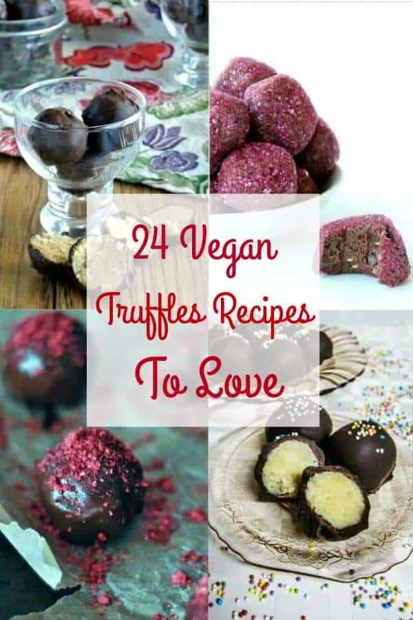 Four truffle recipe photos with different fillings showcased for a vegan truffle roundup.