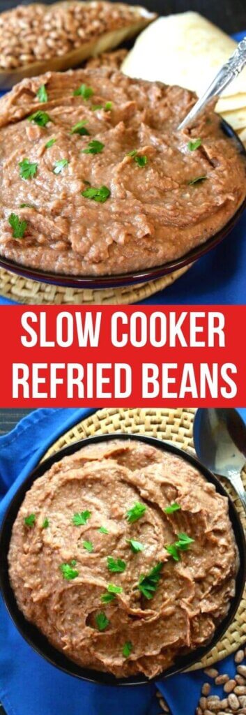 Two photos one above the other with a bowl full of refried beans with a spoon inside for dishing up.