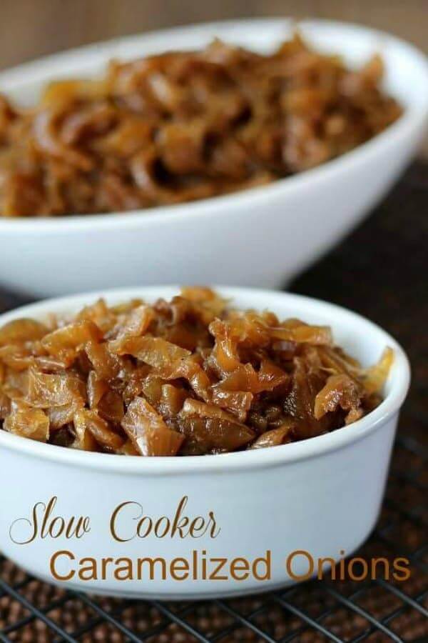 Close up and cropped photo of two white bowls filled with glistening golden slow cooker caramelized onions. Text below.
