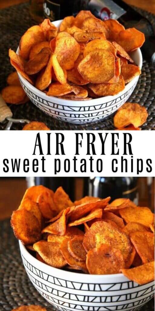 Two photos one above the other with bright orange crispy chips in a black and white geometric bowl with chips scattered around.