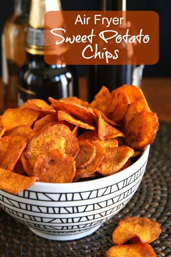 Air Fryer Sweet Potato Chips are overflowing a geometric black and has text on the top.