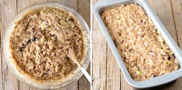 Two process photos showing batter all mixed in a bowl and then showing it in a loaf pan to bake.