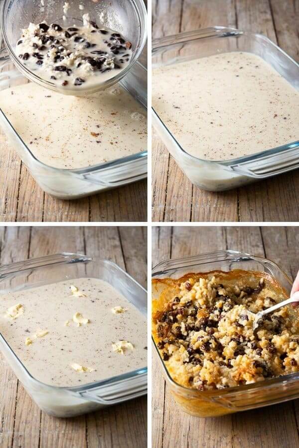 Four process photos of rice pudding.