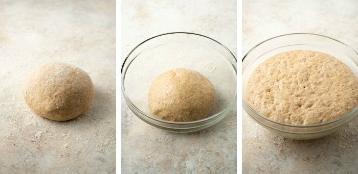 The rising process of pizza dough in three process shot. A firm balls to puffed up dough.