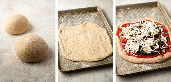 Three photos of the final process of the pizza dough rising, being rolled out and toppings added.