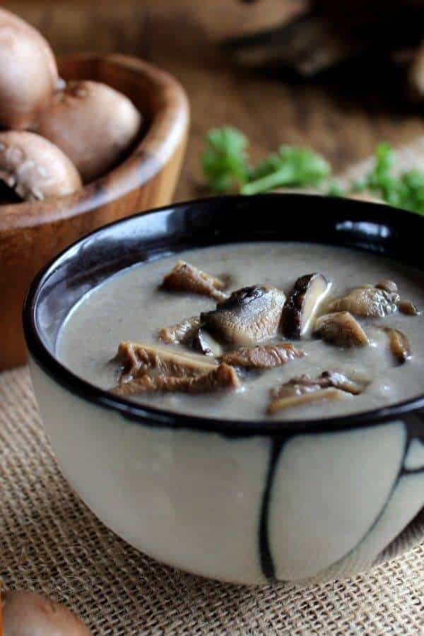 An Asian designed bowl is cropped for the photo and full of creamy mushrooms soup with extra wild mushrooms on top.