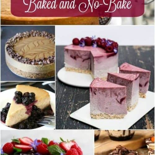 Six photos of vegan cheesecakes in a collage with title at the top.
