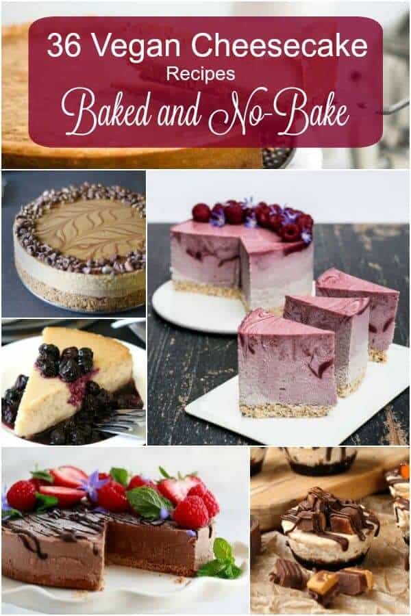 Six photos of vegan cheesecakes in a collage with title at the top.