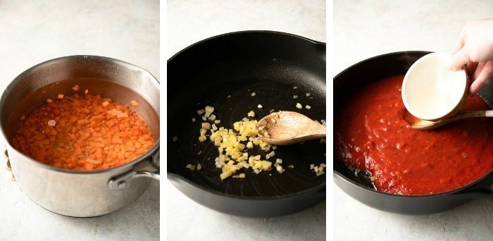 Three process photos to begin the Pasta and Beans recipe for a taste of Italy.