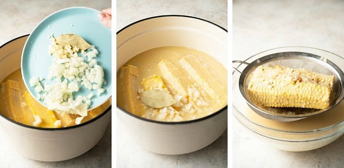 Three process shots of corn chowder with adding ingredients to the cob veggie stock and then straining the corn cobs.