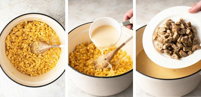 The final three process shots for corn chowder showing the addition of fresh corn kernels and cooked and chopped meatless sausage.