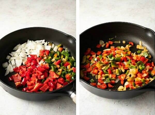 The first two process shots of chopped veggies frying in an iron skillet.