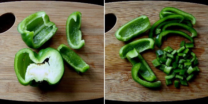 Two photos showing the steps in dicing bell peppers.