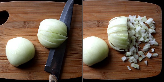 Two photos showing the steps in dicing an onion.