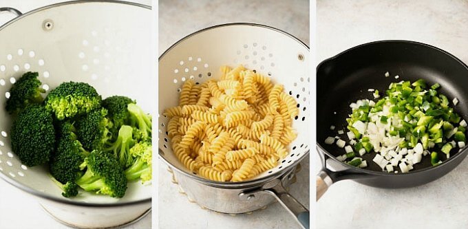 Three process photos working with the broccoli, pasta and sautéing.