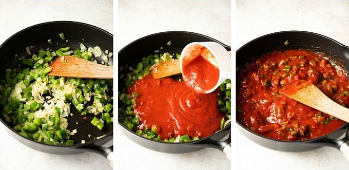 Three process photos showing sautéing and making the red sauce complete.