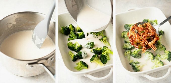 Three process photos showing how to work with the white sauce and broccoli.