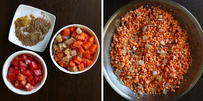 Two seperate photos of spices, ingredients and sautéd onion and red lentils in a skillet.