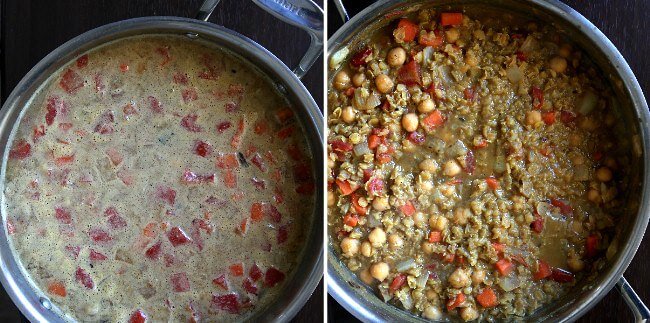 Two photos showing all ingredients added to a skillet and then the same ingredients after being cooked.