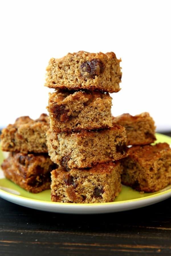 Close up of a stack of date enriched banana bread squares.