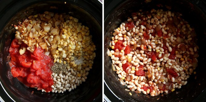 Two photos showing measured ingredients in the slow cooker and one showing the ingredients all mixed together.