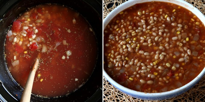 Two photos showing the liquid added to the soup ingredients and then after it is cooked with enough broth for a delicious soup.