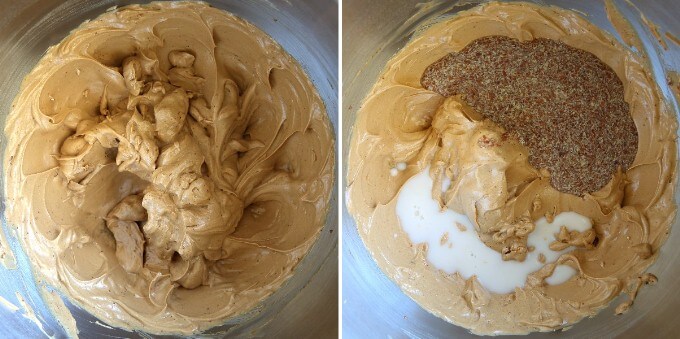 Two photos showing the dairy free butter and sugar whipped creamy and then one photos with added flax eggs and dairy free milk.