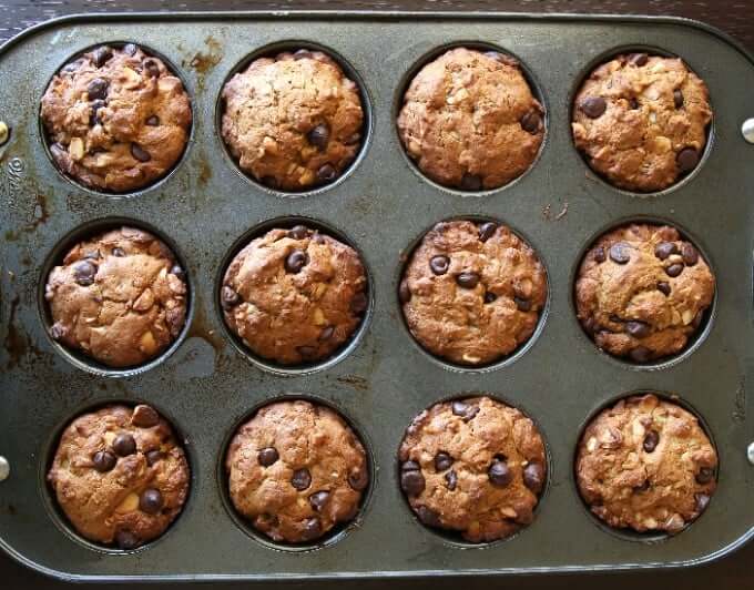 Overhead view of a twelve cup muffin tin filled and baked to perfection.