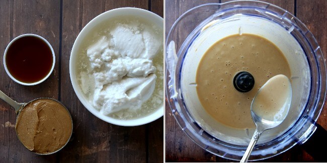Two overhead photos of ingredients and creaming cookie butter ice cream.