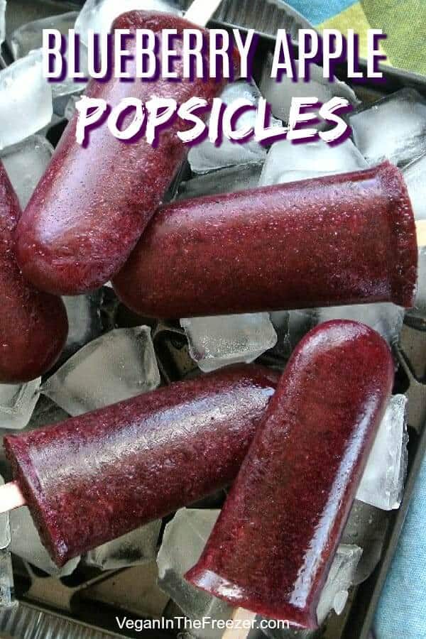 Overhead view and close-up of deep purple blueberry popsicles with text written above.