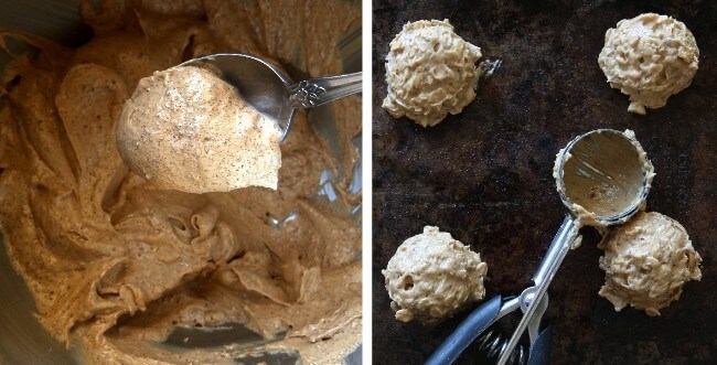 Overhead view of two photos of whipped sugar and butter and big cookie dough scoops on a baking sheet.