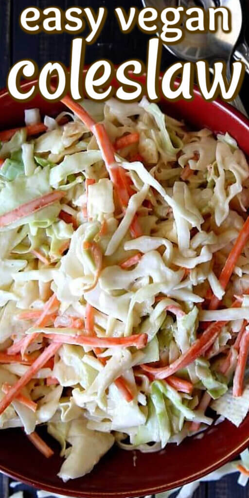 Closeup view of lightly dressed coleslaw mixture in a burnt orange bowl with text above for pinning.