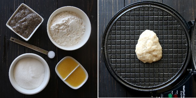Two photos - one shows the ingredients and the other shows the thickness of the batter.