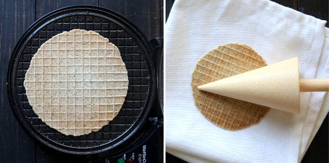 Two photos - one shows an overhead view of the finshed flat batter in the maker and the other shows the disk with the mold.