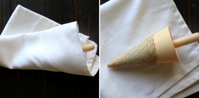 Two photos - one shows the mold in a cloth to be rolled and the other shows the disk holding the formed dessert.