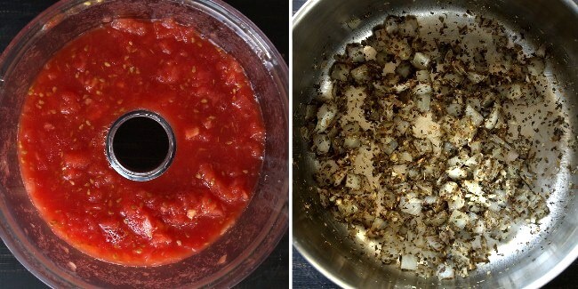Two photos with on having the tomatoes chopped chunky and on the right a saucepan shows the cooked onions and spices.