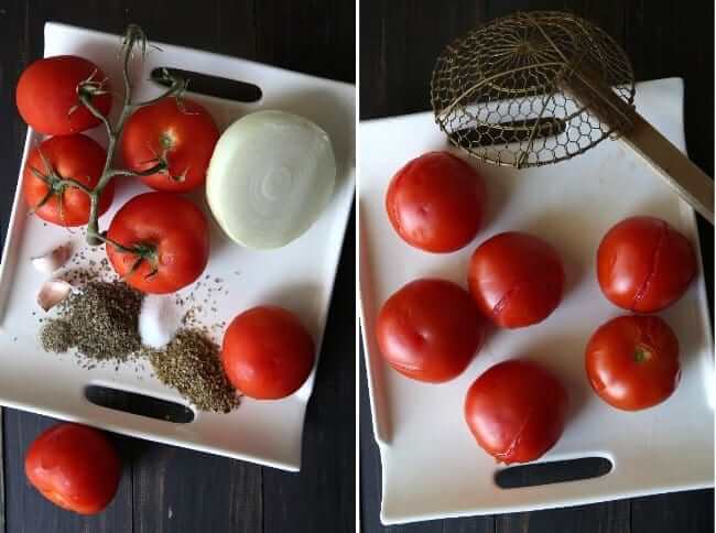 Two photos showing fresh tomatoes with spices and one photo showing split skins for peeling tomatoes.