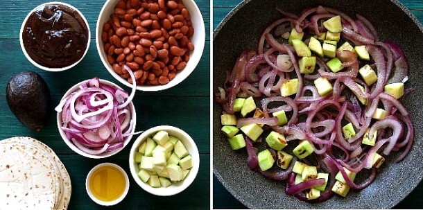 Two photos - one with the ingredient for grilled wraps and sauté onions and zucchini.