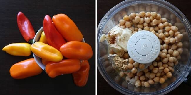 Two photos - one is of colorful mini peppers and the other are the ingredients in a food processor for the chickpea stuffing.