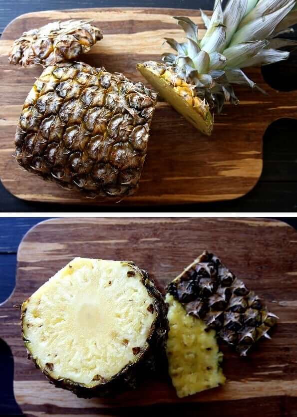 Two photos showing how to cut up a pineapple.