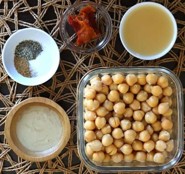 Overhead view of the ingredients for this chipotle hummus recipe.