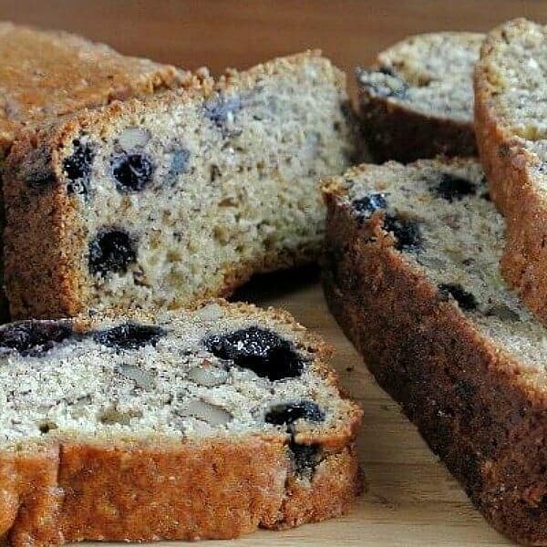 Closeup view of slices of Blueberry banana bread.